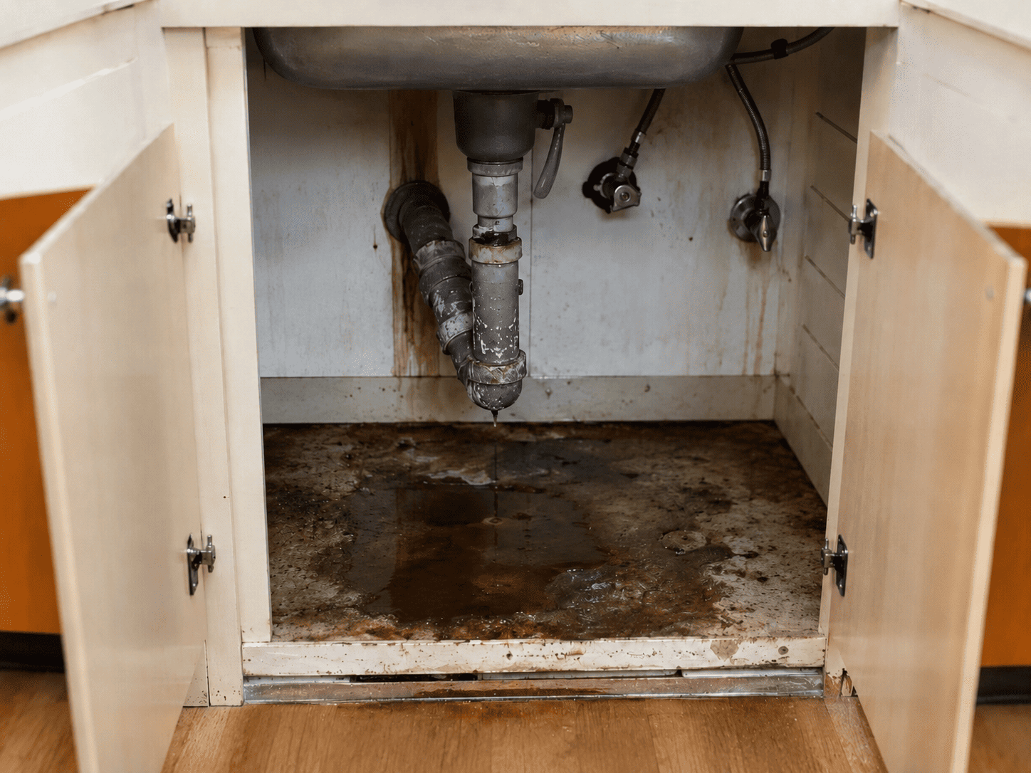 Fuga de agua y humedad bajo un fregadero antes de una reparación de fontanería
